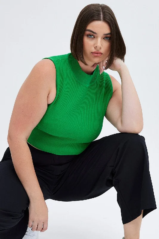 Style Upgrade Green Knit Top Ribbed High Neck