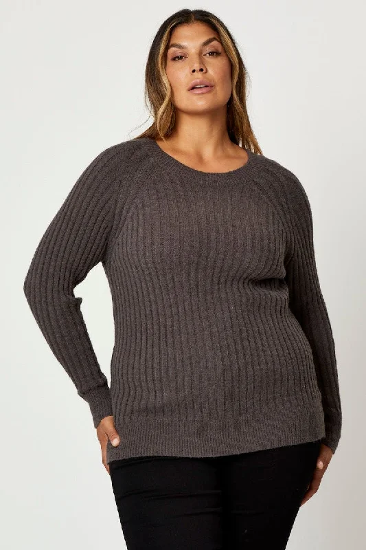 Trendy Women's Wear Collection Grey Knit Top Round Neck Long Sleeve Rib Longline