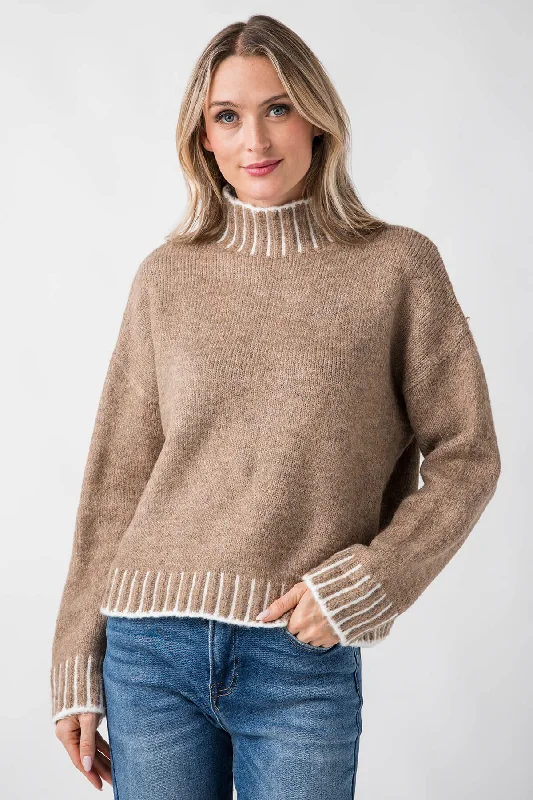 Elegant Style Elan Stitching Detail Turtleneck