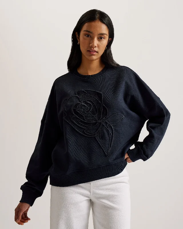 Trendy Women's Collection Lotiss Embroidered Burnout Graphic Sweatshirt Navy