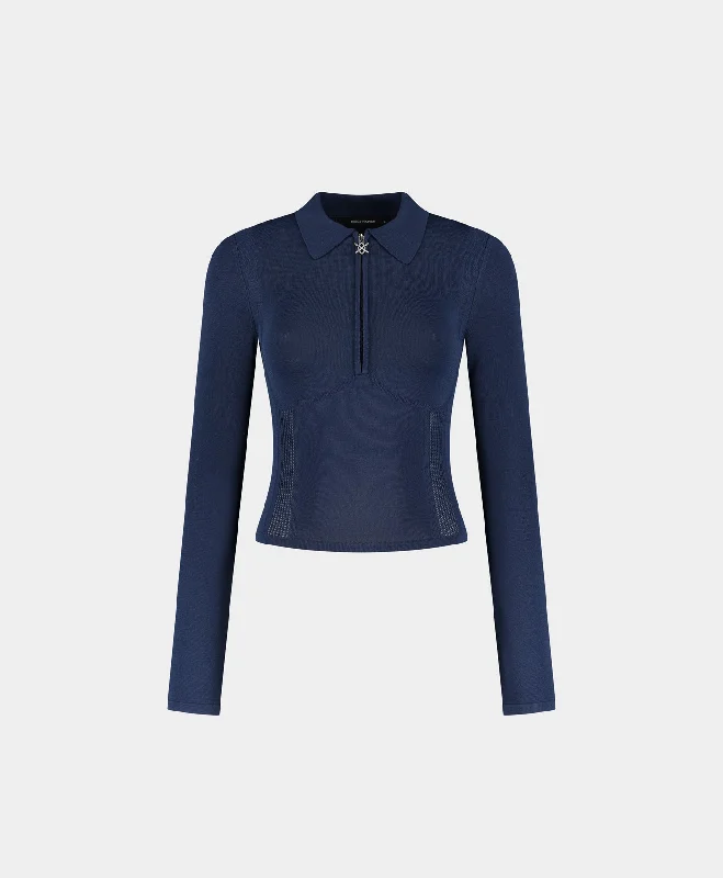 Fashion Deal Blue Zip Knit Polo Long sleeve