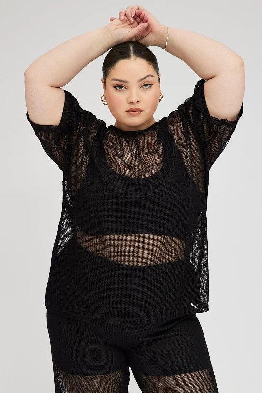 Fashion Forward Black Oversized Knit Top Short Sleeve Crew Neck