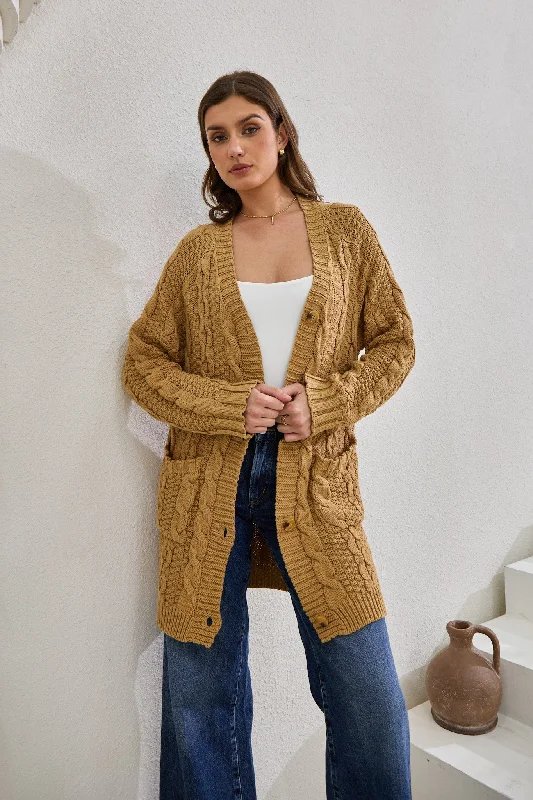 Redefining Women's Fashion Dawn Mocha Longline Cable Knit Cardigan