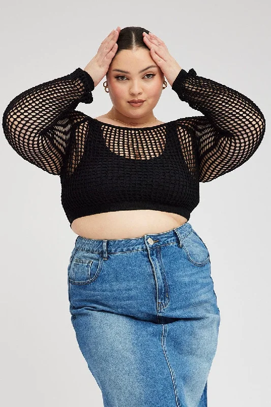 Chic Allure Black Fishnet Knit Top Long Sleeve Square Neck