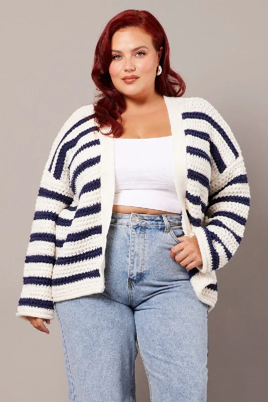 Fashion Forward Femininity White Stripe Oversized Knit Cardigan Long Sleeve Longline