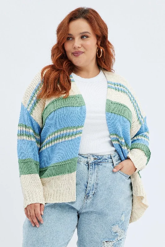 New In This Season Blue Stripe Oversized Knit Cardigan