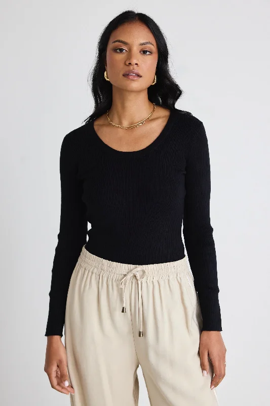 Elegant Styles Better Black LS Scoop Neck Rib Knit Top