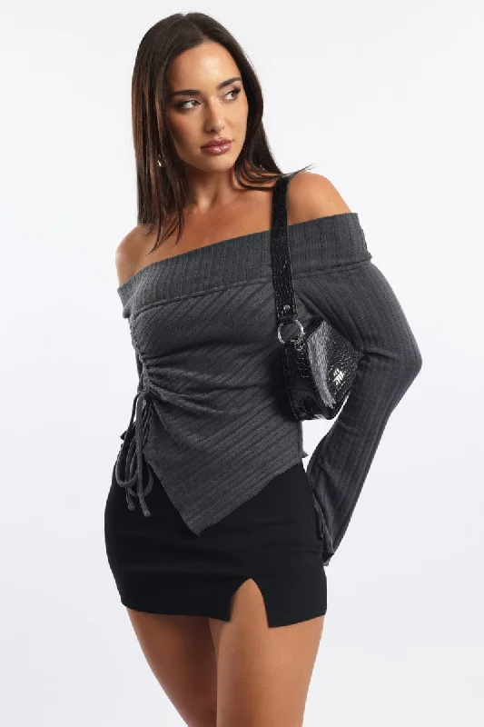 Low Price Special Grey Off Shoulder Top Long Sleeve Ruched