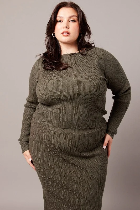 Seasonal Trends Green Knit Top Long Sleeve Boat Neck