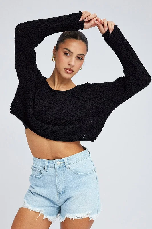 Chic Wardrobe Essentials Black Knit Top Long Sleeve Crew Neck