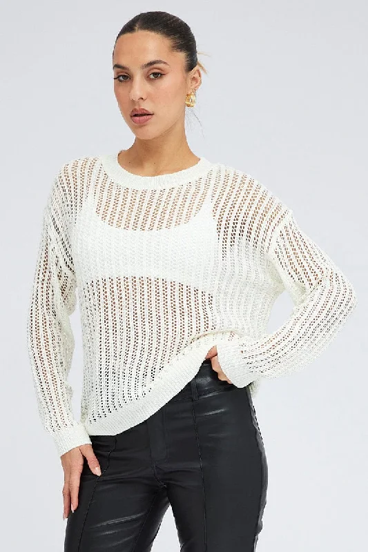 Hot Sale White Oversized Knit Top Crew Neck