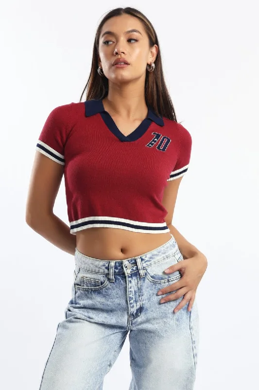 Fashion Forward Red Knit Top Short Sleeve Collared