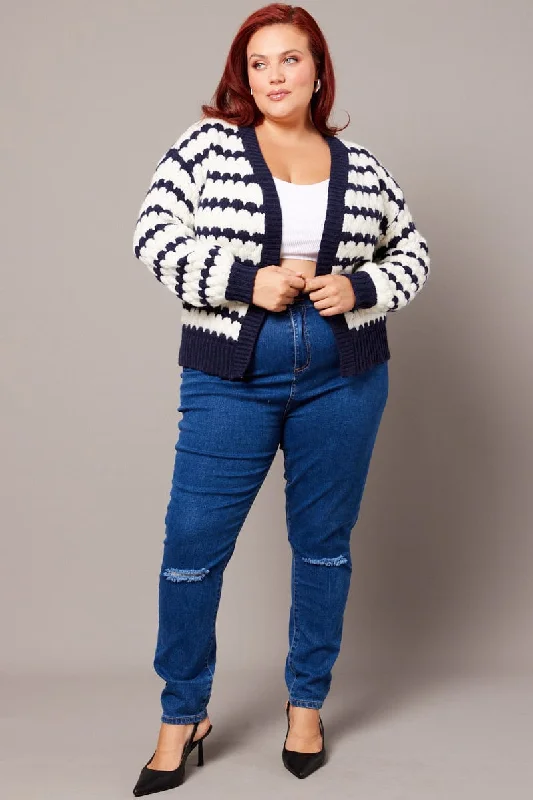 Casual Fashion White Stripe Knit Cardigan Long Sleeve Textured