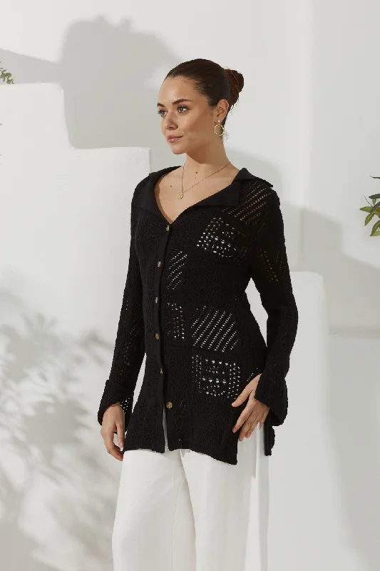Vintage Inspired Fashion Sale Kaori Black Crochet Knit Cardigan