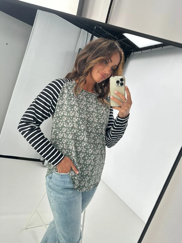Bold Patterns Shine On label Kylie Twig Print Top w Stripe Sleeves
