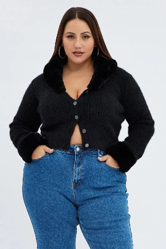 Style Redefined Black Knit Cardigan Fur Trim