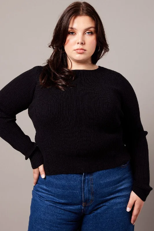 Style Upgrade Black Knit Top Long Sleeve Boat Neck