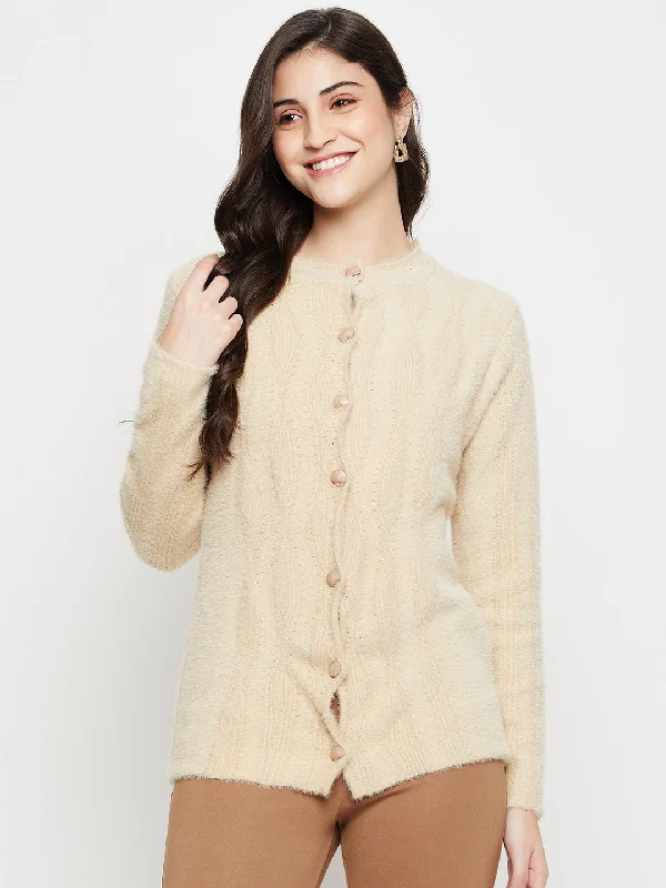 Chic And Edgy Women's Casual  Beige Round neck Cardigan Sweater