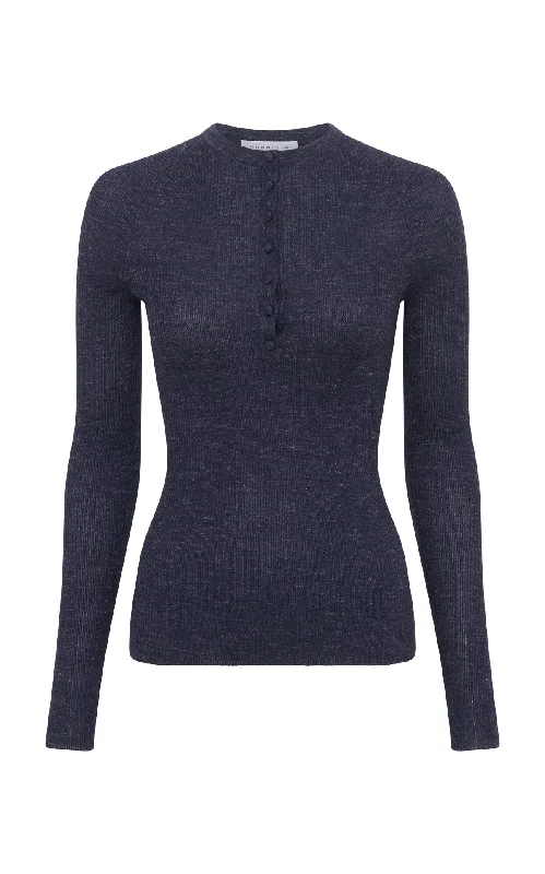 Massive Savings Anges Knit Henley in Navy Cashmere Silk with Hemp