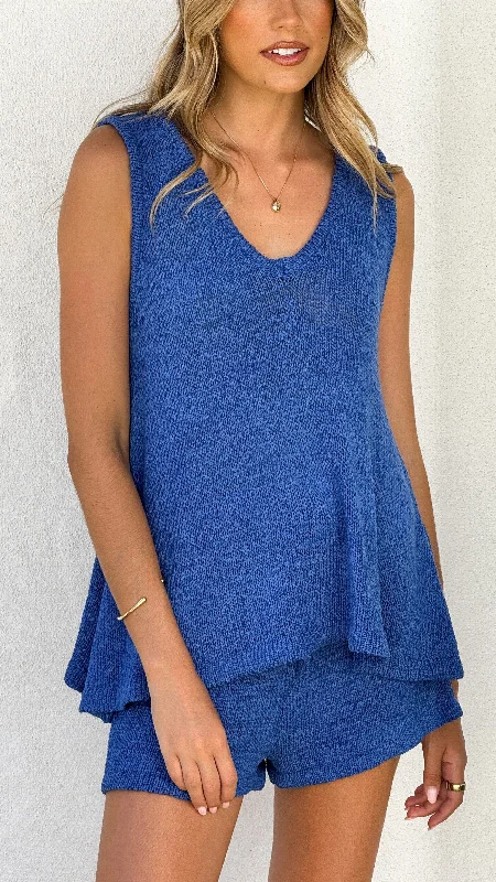 Exclusive Deals Online Summer Knit Top and Shorts Set - Blue