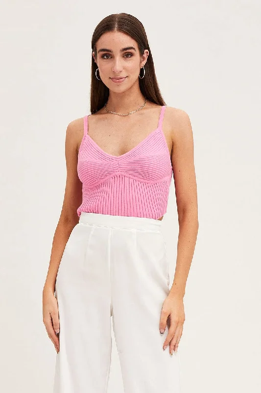 The Epitome Of Modern Women's Fashion Pink Knit Top Sleeveless Ribbed