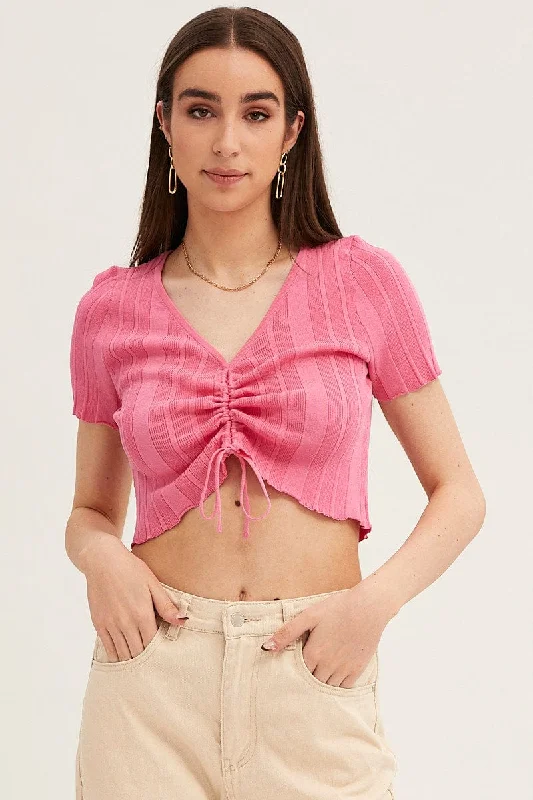 Comfort First Women's Wear Pink Short Sleeve Ruched Knit Top