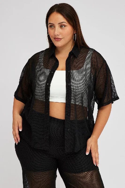 Explore What's New Black Collar Knit Top Short Sleeve