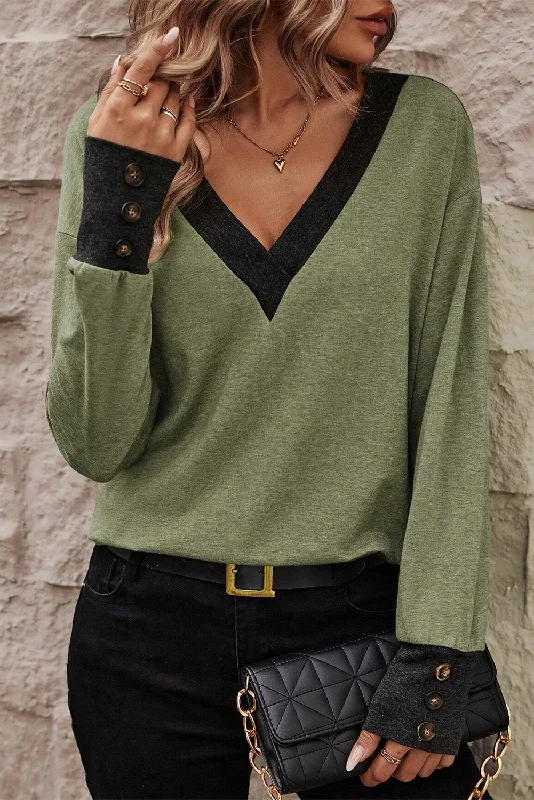 Trend Forward Threads For Her V Neck Button Cuffed Long Sleeve Top