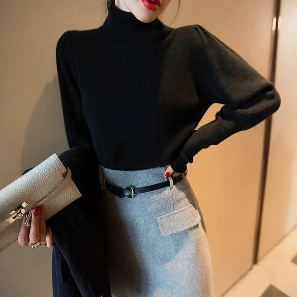Chic Trend Collection Turtleneck Black 2021 Winter Small Fresh Casual Style Sweater