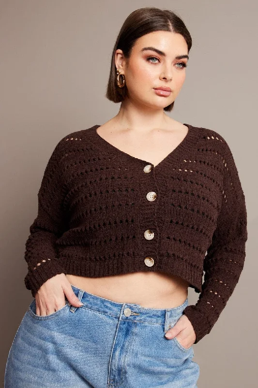 Catch Every Fashion Trend Brown Crochet Knit Cardigan V-neck