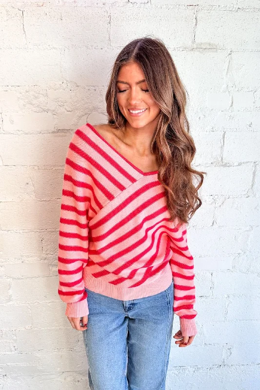 Bid Farewell To The Old Season Women's Athleisure Apparel Cross Stripe V Neck Sweater