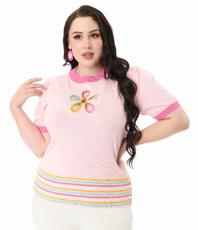 Premium Style Smak Parlour Plus Size Pink & Rainbow Flower Cutout Sweater