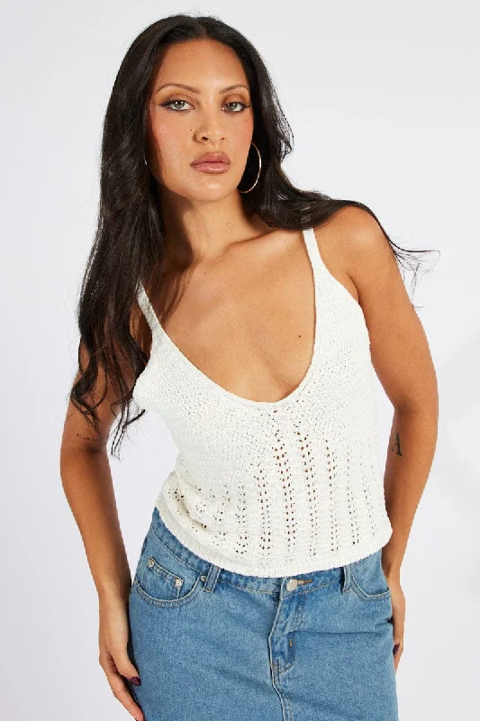 Special Offer White Crochet Knit Top Sleeveless V Neck