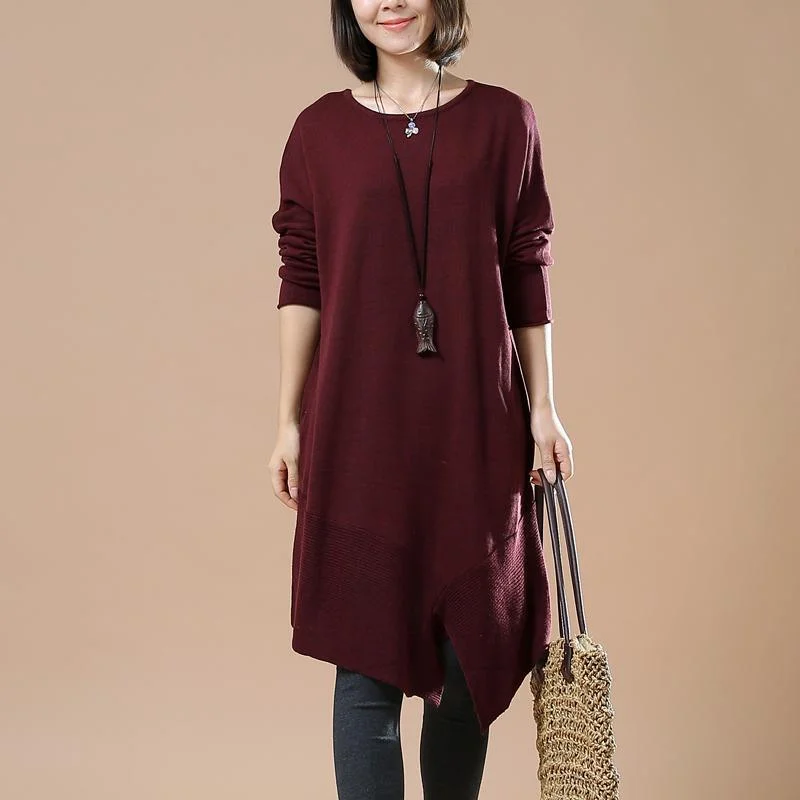 Disco - Inspired Retro Dance Look Burgundy plus size sweaters asymmetrical design