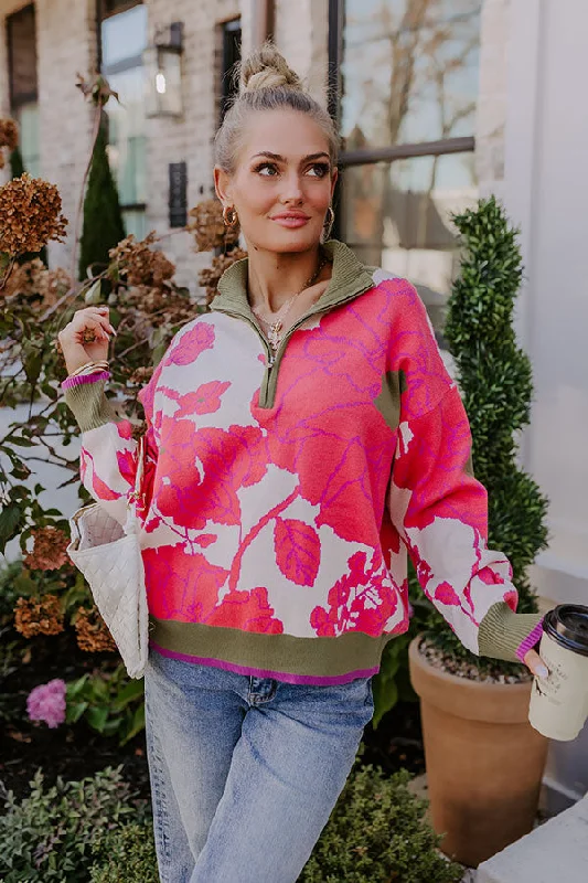 Everyday Glamour Women's Comfortable Apparel Cider And Sunsets Floral Sweater in Pink