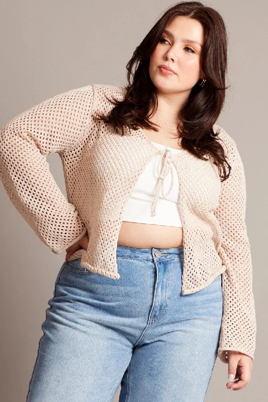 Flash Sale Starts Beige Crochet Cardigan Long Sleeve V-neck Tie Up