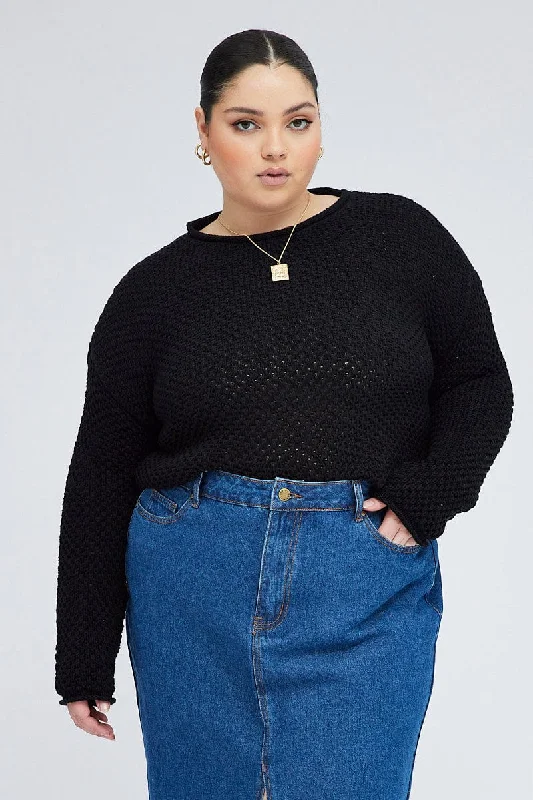 Boho - Chic Festival - Ready Style Black Fishnet Knit Top Long Sleeve Crew Neck