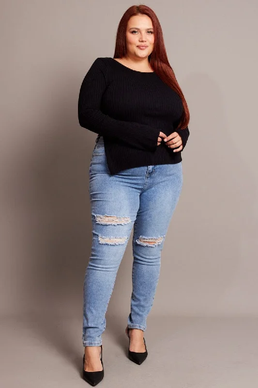 Bid Farewell To The Old Season Black Asymmetric Knit Top Long Sleeve Boat Neck