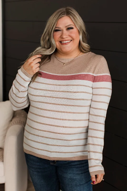 Fashion Forward Style Can't Stay Away Striped Sweater- Taupe & Rose