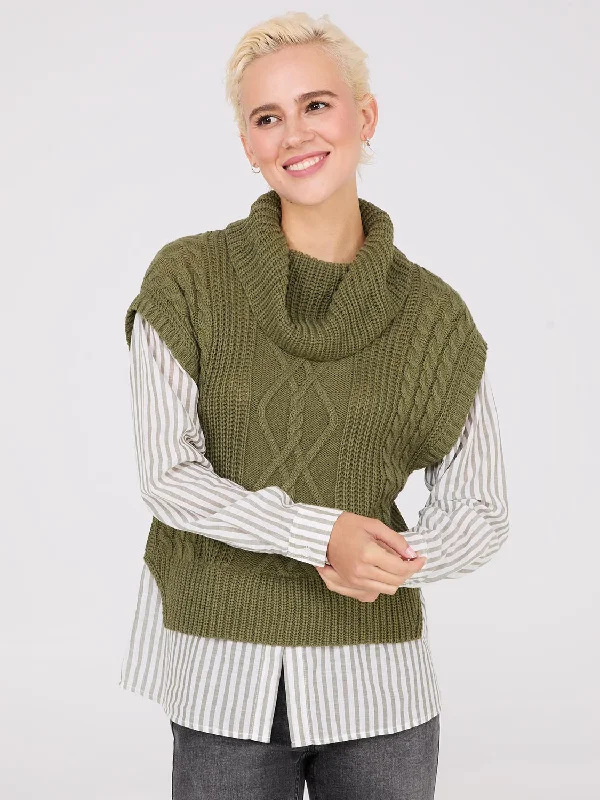 The Latest Fashion Trends 2-Fer Cable Knit Vest With Striped Blouse