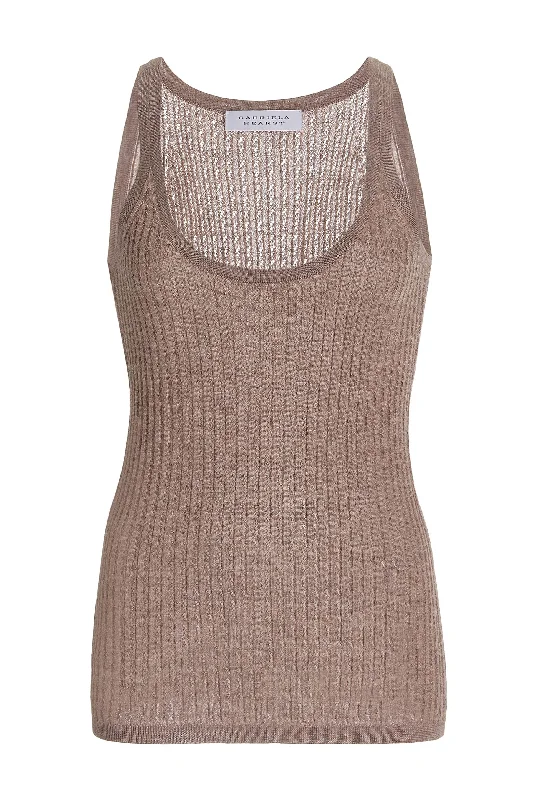 Wardrobe Essentials Graham Pointelle Knit Tank Top in Dark Oatmeal Cashmere Silk