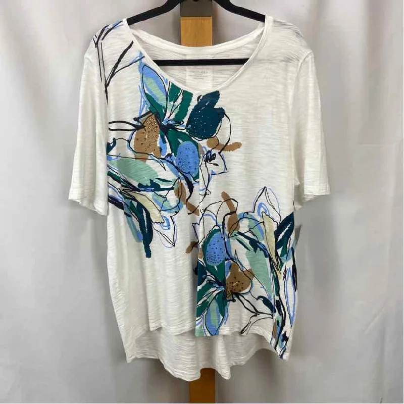 Feminine Charm Chicos Women's Size XL White Floral Short Sleeve Shirt