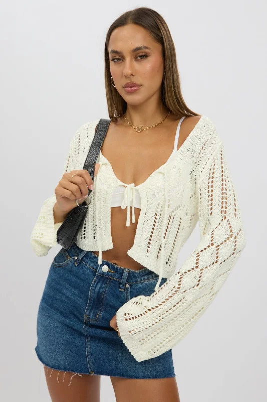Stylish Spring Fashion White Crochet Tie Up Cardigan