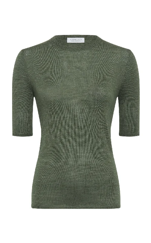 Best Deals Of The Season Chryse Knit T-Shirt in Olive Cashmere Silk with Hemp