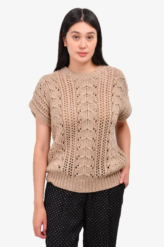 Elegant Style Women's Night-Out Outfit Brunello Cucinelli Taupe Cashmere Cap Sleeve Sweater Size M