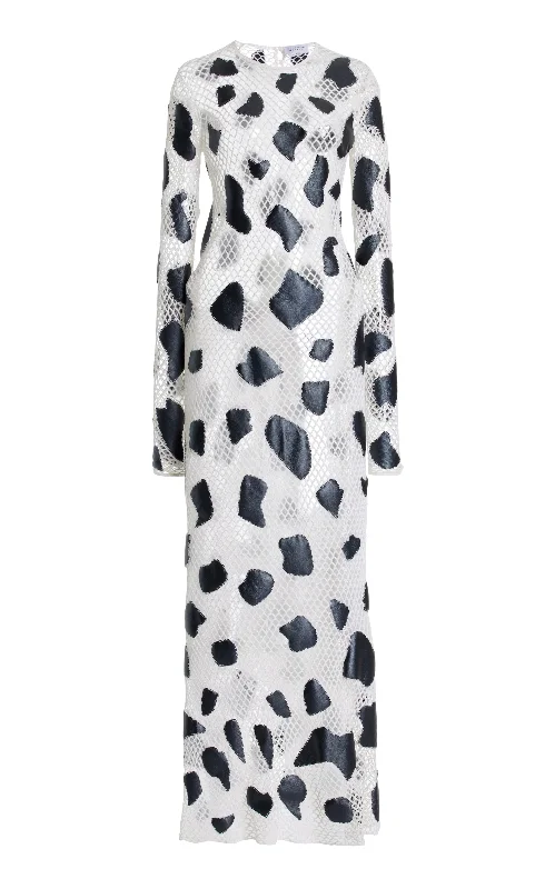 Stylish Statements Romeo Crochet Maxi Dress in White Merino Wool with Black Metallic Nappa Leather Patches