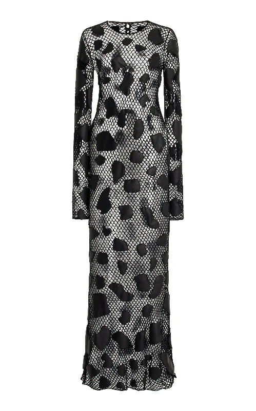 Elegant Attire For The Modern Lady Romeo Crochet Maxi Dress in Black Merino Wool with Nappa Leather Patches