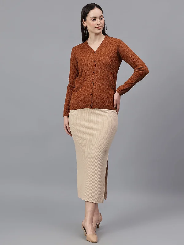 Unleash Your Trend Driven Style Women's Self Design Tan V-Neck Full Sleeves Casual Sweater