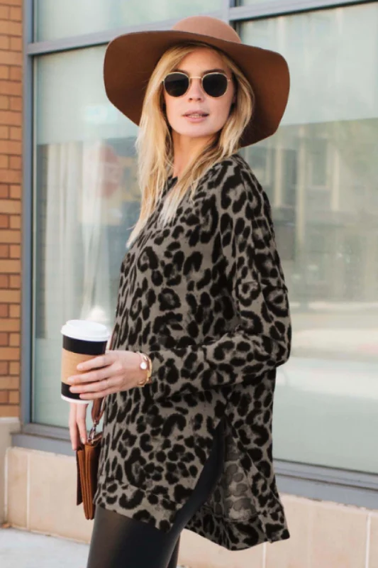 Comfort First Women's Fashion Leopard Long Sleeve Hi Low Side Slit Top