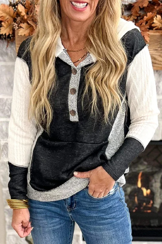Women's Fashion Hotspots Color Block Textured Buttoned Kangaroo Pocket Hoodie